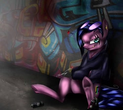Size: 702x625 | Tagged: safe, artist:art_by_toffeety, imported from derpibooru, oc, oc only, earth pony, pony, clothes, earth pony oc, eye scar, frog (hoof), graffiti, hoodie, outdoors, scar, signature, sitting, smiling, smirk, solo, underhoof