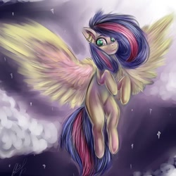 Size: 1080x1080 | Tagged: safe, artist:art_by_toffeety, imported from derpibooru, oc, oc only, pegasus, pony, cloud, female, flying, mare, night, pegasus oc, signature, spread wings, stars, wings