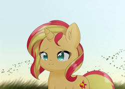Size: 2541x1824 | Tagged: safe, artist:papilrux, imported from derpibooru, sunset shimmer, pony, unicorn, cute, ear fluff, female, horn, mare, outdoors, shimmerbetes, smiling
