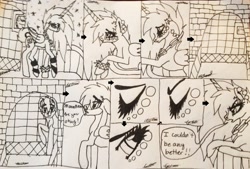 Size: 2960x1997 | Tagged: safe, artist:beamybutt, imported from derpibooru, oc, oc only, oc:moonbeam, alicorn, pony, alicorn oc, comic, dialogue, female, grayscale, horn, lineart, mare, monochrome, signature, traditional art, wings