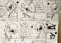 Size: 2717x1942 | Tagged: safe, artist:beamybutt, imported from derpibooru, oc, oc only, oc:moonbeam, alicorn, pony, alicorn oc, comic, dialogue, female, grayscale, horn, lineart, mare, monochrome, signature, traditional art, wings