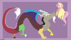 Size: 10207x5792 | Tagged: safe, artist:misskanabelle, imported from derpibooru, discord, fluttershy, draconequus, pegasus, pony, abstract background, absurd resolution, female, flying, male, mare, signature