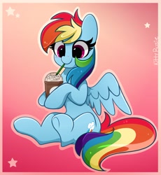 Size: 3765x4096 | Tagged: safe, artist:kittyrosie, imported from derpibooru, rainbow dash, pegasus, pony, blushing, cute, dashabetes, drink, drinking, female, food, frappuccino, gradient background, high res, mare, sitting, solo, spread wings, sprinkles, stars, straw, wings