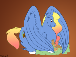 Size: 1284x960 | Tagged: safe, artist:misskanabelle, imported from derpibooru, oc, oc only, oc:wintersong, pegasus, pony, ear fluff, female, gradient background, mare, pegasus oc, signature, smiling, wings