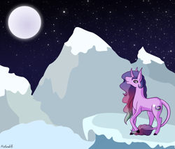 Size: 3773x3233 | Tagged: safe, artist:misskanabelle, imported from derpibooru, oc, oc only, oc:aurora star, classical unicorn, pony, unicorn, cloven hooves, female, full moon, high res, horn, leonine tail, looking up, mare, moon, mountain, night, outdoors, solo, stars, unicorn oc, unshorn fetlocks