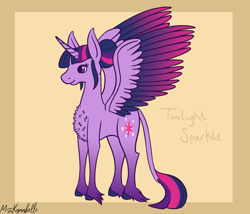 Size: 1750x1500 | Tagged: safe, artist:misskanabelle, imported from derpibooru, twilight sparkle, alicorn, classical unicorn, pony, abstract background, alternate design, chest fluff, cloven hooves, female, hoof fluff, horn, leonine tail, mare, smiling, solo, story included, twilight sparkle (alicorn), unshorn fetlocks, wings