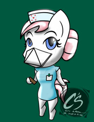 Size: 1024x1326 | Tagged: safe, artist:adhiguna, artist:johnathon-matthews, imported from derpibooru, nurse redheart, anthro, unguligrade anthro, chibi, clothes, commission, deviantart watermark, face mask, green background, mask, obtrusive watermark, scrubs, scrubs (gear), simple background, watermark