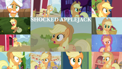 Size: 1280x721 | Tagged: safe, edit, edited screencap, editor:quoterific, imported from derpibooru, screencap, applejack, berry punch, berryshine, carrot top, cherry berry, golden harvest, lemon hearts, rainbowshine, sea swirl, seafoam, twinkleshine, earth pony, pony, unicorn, a bird in the hoof, apple family reunion, applebuck season, applejack's "day" off, do princesses dream of magic sheep, fall weather friends, griffon the brush off, honest apple, it ain't easy being breezies, look before you sleep, made in manehattan, over a barrel, party of one, season 1, season 2, season 3, season 4, season 5, season 6, season 7, the cutie pox, :o, apple, applejack's hat, cowboy hat, female, food, golden oaks library, hat, mare, open mouth, scared, shocked, shocked expression, solo, sweet apple acres, sweet apple acres barn, tree, wagon, wide eyes