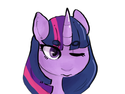 Size: 800x600 | Tagged: safe, artist:bukabeans, imported from derpibooru, twilight sparkle, pony, beanbrows, bust, eyebrows, eyebrows visible through hair, female, mare, one eye closed, simple background, solo, transparent background