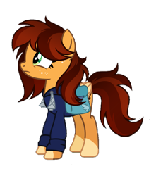 Size: 751x851 | Tagged: safe, artist:inaactive, artist:pumpkinpieforlife, edit, editor:nc-tv, imported from derpibooru, oc, oc only, oc:goldi, pegasus, background removed, bag, blue, clothes, coat markings, drawstrings, female, freckles, gradient mane, green eyes, hoodie, looking up, mare, nervous, pegasus oc, saddle bag, simple background, socks (coat markings), standing, sticker, transparent background, two toned mane, two toned wings, wings