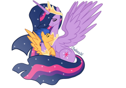 Size: 2388x1668 | Tagged: safe, artist:chelseawest, imported from derpibooru, flash sentry, twilight sparkle, alicorn, pegasus, pony, the last problem, couple, crown, cuddling, cutie mark, ethereal mane, ethereal tail, eyes closed, female, flashlight, height difference, hoof shoes, horn, husband and wife, jewelry, male, mare, married couple, older, older twilight, peytral, princess twilight 2.0, regalia, shipping, size difference, spread wings, stallion, starry mane, starry tail, straight, twilight sparkle (alicorn), wings