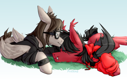 Size: 1500x978 | Tagged: safe, artist:ilovefraxus, imported from derpibooru, bat pony, pegasus, pony, bat wings, clothes, commission, ear fluff, eyes closed, fall out boy, fangs, floppy ears, folded wings, gay, glasses, grass, happy, hoodie, jewelry, lying down, male, mikey way, my chemical romance, necklace, on side, outdoors, pete wentz, ponified, prone, shipping, side, smiling, stallion, tattoo, wings, wristband, ych result