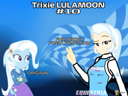 Size: 2160x1620 | Tagged: safe, artist:forzaveteranenigma, imported from derpibooru, trixie, human, fanfic:equestria motorsports, equestria girls, comparison, ear piercing, earring, human coloration, humanized, jewelry, looking at someone, looking at you, piercing, racing suit, smiling, smirk, watermark