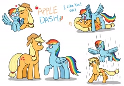 Size: 2125x1476 | Tagged: safe, artist:ecchiorange0317, imported from derpibooru, applejack, rainbow dash, earth pony, pegasus, pony, appledash, blushing, cheek kiss, cutie mark, digital art, exclamation point, eyes closed, facing each other, female, flying, hat, heart, kiss on the cheek, kissing, lesbian, looking at each other, looking down, looking up, lying down, multicolored mane, on back, on top, open mouth, protecting, rain, raised hoof, running, shipping, simple background, size difference, smiling, spread wings, standing over, tongue out, tsundere, wet, wet mane, white background, wingboner, wings