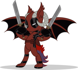 Size: 1280x1162 | Tagged: safe, artist:mlp-trailgrazer, imported from derpibooru, oc, oc only, oc:kage, dracony, dragon, hybrid, pony, clothes, cosplay, costume, deadpool, simple background, solo, sword, transparent background, weapon