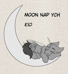 Size: 1547x1696 | Tagged: safe, artist:rokosmith26, imported from derpibooru, pony, advertisement, advertising, any species, commission, commission info, crescent moon, eyes closed, floppy ears, folded wings, horn, lying down, moon, simple background, sleeping, solo, tail, text, wings, your character here