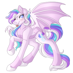 Size: 3288x3300 | Tagged: safe, artist:amazing-artsong, imported from derpibooru, oc, oc only, oc:sweet pea, bat pony, pony, female, high res, mare, one eye closed, raised hoof, simple background, solo, transparent background, wink