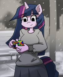 Size: 1000x1239 | Tagged: safe, artist:genericmlp, imported from derpibooru, twilight sparkle, anthro, clothes, rubik's cube, shirt, skirt, snow, snowfall, solo