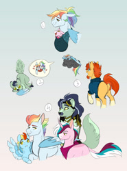 Size: 1280x1732 | Tagged: safe, artist:echabi, artist:joburii, imported from derpibooru, rainbow dash, sunburst, oc, oc:cymric, oc:flashfire, oc:sunray flare, hybrid, pegasus, pony, unicorn, baby, baby pony, clothes, cloud, feather, female, half-siblings, interspecies offspring, lying down, lying on a cloud, magical lesbian spawn, male, offspring, on a cloud, parent:capper dapperpaws, parent:rainbow dash, parent:starlight glimmer, parent:sunburst, parents:capperdash, parents:glimmerdash, parents:rainbowburst, rainbowburst, shipping, straight, sweater