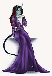 Size: 1546x2243 | Tagged: safe, artist:blackblood-queen, imported from derpibooru, oc, oc only, oc:annie belle, anthro, dracony, dragon, hybrid, pony, unguligrade anthro, unicorn, absolute cleavage, alternate universe, anthro oc, beautiful, beautisexy, bedroom eyes, blaze (coat marking), braid, breasts, cleavage, clothes, cloven hooves, coat markings, curved horn, digital art, dress, ear piercing, earring, elegant, eyelashes, eyeshadow, facial markings, fangs, female, finger to mouth pose, freckles, horn, jewelry, leonine tail, lips, lipstick, looking at you, makeup, pale belly, piercing, ring, seductive, sexy, simple background, sitting, slit eyes, slit pupils, solo, two toned mane, unicorn oc, wedding ring, willowverse