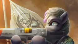 Size: 3000x1688 | Tagged: safe, artist:stdeadra, imported from derpibooru, oc, oc only, pegasus, pony, fallout equestria, fallout equestria: project horizons, camouflage, fanfic art, flag, foe, gun, institute rifle, laser, laser rifle, sky, solo, weapon