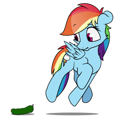 Size: 5000x4800 | Tagged: safe, artist:dacaoo, imported from derpibooru, rainbow dash, pegasus, pony, behaving like a cat, cat scared of cucumber, cheek fluff, cucumber, floppy ears, food, jumping, rainbow cat, simple background, solo, startled, transparent background