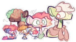 Size: 2878x1621 | Tagged: safe, artist:dazey-the-goat, imported from derpibooru, oc, oc:blue cheese, oc:cinnamon suncrisp, oc:johnny jubilee, oc:snowy apple, oc:spring green, oc:triple threat, earth pony, pony, apple family member, apron, baby, baby pony, bowtie, clothes, crack ship offspring, freckles, hair over eyes, offspring, parent:apple bloom, parent:apple brown betty, parent:apple split, parent:big macintosh, parent:blue bobbin, parent:cheerilee, parent:doctor whooves, parent:roseluck, parent:rumble, simple background, sweater, transparent background