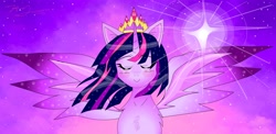 Size: 7112x3474 | Tagged: safe, imported from derpibooru, twilight sparkle, alicorn, pony, crown, female, jewelry, mare in the moon, moon, night, regalia, solo, solo female, sparkles, spread wings, stars, twilight sparkle (alicorn), wings