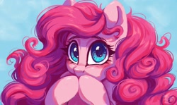 Size: 1200x715 | Tagged: safe, artist:amishy, imported from derpibooru, pinkie pie, earth pony, pony, big eyes, blushing, bust, covering mouth, cute, diapinkes, female, hoof over mouth, looking at you, mare, ponk, poofy mane, portrait, solo, three quarter view, weapons-grade cute