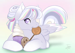 Size: 1228x868 | Tagged: safe, artist:isuna, imported from derpibooru, oc, oc only, oc:opal, pegasus, pony, cookie, female, food, lying down, mare, mouth hold, prone, solo