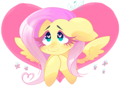 Size: 2000x1439 | Tagged: safe, artist:edserdamatsuki, imported from derpibooru, fluttershy, butterfly, pony, bust, cute, cutie mark background, floppy ears, heart, heart background, heart eyes, portrait, shyabetes, solo, spread wings, wingding eyes, wings