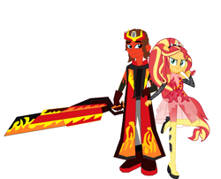 Size: 890x720 | Tagged: safe, artist:robertsonskywa1, imported from derpibooru, sunset shimmer, human, equestria girls, equestria girls series, couple, holomatter avatar, hot rod, humanized, photo, rodimus, super ponied up, sword, transformers, weapon