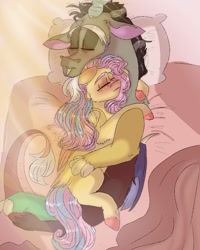 Size: 899x1123 | Tagged: safe, artist:cocolove2176, imported from derpibooru, discord, fluttershy, draconequus, pegasus, pony, colored hooves, discoshy, eyes closed, female, hug, male, mare, pillow, shipping, sleeping, straight, wings