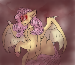 Size: 740x640 | Tagged: safe, artist:cocolove2176, imported from derpibooru, fluttershy, bat pony, pony, abstract background, bat ponified, bat wings, female, flutterbat, glowing eyes, mare, race swap, raised hoof, solo, wings