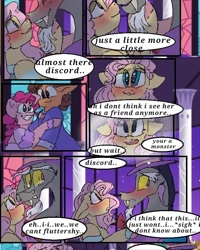 Size: 540x676 | Tagged: safe, artist:cocolove2176, imported from derpibooru, cheese sandwich, discord, fluttershy, pinkie pie, draconequus, earth pony, pegasus, pony, comic:fluttering chaos, blushing, cheesepie, comic, dialogue, discoshy, female, male, mare, shipping, smiling, stallion, straight