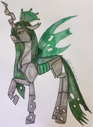 Size: 2712x3712 | Tagged: safe, artist:agdapl, imported from derpibooru, queen chrysalis, changeling, changeling queen, female, green changeling, high res, raised hoof, solo, traditional art