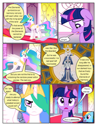 Size: 612x792 | Tagged: safe, artist:newbiespud, edit, edited screencap, imported from derpibooru, screencap, princess celestia, rainbow dash, star swirl the bearded, twilight sparkle, alicorn, pegasus, pony, unicorn, comic:friendship is dragons, the crystal empire, bust, comic, d:, dialogue, eyelashes, female, hair over one eye, hoof shoes, horn, indoors, jewelry, male, mare, open mouth, peytral, screencap comic, stained glass, stallion, tiara, unicorn twilight, wings