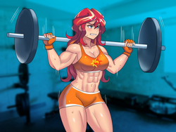 Size: 800x600 | Tagged: safe, artist:tzc, imported from derpibooru, sunset shimmer, human, equestria girls, abs, adonis belt, anime, barbell, belly button, biceps, blushing, bodybuilder, breasts, busty sunset shimmer, clothes, commission, determined, female, fetish, fingerless gloves, gloves, gritted teeth, gym, gym shorts, long hair, multicolored hair, muscle fetish, muscles, muscular female, quadriceps, shorts, smiling, solo, sports bra, sports shorts, sunset lifter, sweat, tomboy, turquoise eyes, weight lifting, weights