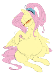 Size: 2894x4093 | Tagged: safe, artist:snspony, imported from derpibooru, fluttershy, pegasus, pony, alternate hairstyle, belly, big belly, blushing, eyes closed, featureless crotch, older, older fluttershy, preggoshy, pregnant, sitting, smiling