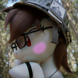 Size: 1920x1920 | Tagged: safe, artist:sgt.acey, derpibooru exclusive, imported from derpibooru, oc, oc only, oc:acey, oc:blood ace, earth pony, pony, 3d, blush sticker, blushing, bullet, dog tags, female, glasses, helmet, solo