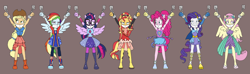 Size: 2440x720 | Tagged: safe, artist:bugssonicx, imported from derpibooru, applejack, fluttershy, pinkie pie, rainbow dash, rarity, sci-twi, sunset shimmer, twilight sparkle, equestria girls, applesub, arms in the air, bondage, bound and gagged, cloth gag, dashsub, female, femsub, fluttersub, gag, help us, humane five, humane seven, humane six, pinkiesub, ponied up, rainbond dash, rarisub, shackles, submissive, subset, twisub