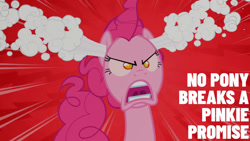 Size: 1280x720 | Tagged: safe, edit, edited screencap, editor:quoterific, imported from derpibooru, screencap, pinkie pie, earth pony, pony, season 2, the last roundup, angry, ear steam, female, mare, nopony breaks a pinkie promise, open mouth, pinkie promise, solo