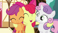 Size: 1280x720 | Tagged: safe, imported from derpibooru, screencap, apple bloom, scootaloo, sweetie belle, earth pony, pegasus, pony, unicorn, on your marks, ^^, adorabloom, cute, cutealoo, cutie mark, cutie mark crusaders, cutie mark cuties, diasweetes, eyes closed, female, filly, hug, open mouth, open smile, smiling