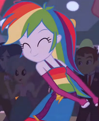 Size: 1920x2355 | Tagged: safe, imported from derpibooru, screencap, rainbow dash, equestria girls, equestria girls (movie), ^^, belt, clothes, cropped, cute, cutie mark, cutie mark on clothes, dancing, dashabetes, eyes closed, fall formal outfits, female, fingerless gloves, gloves, male, sleeveless, smiling, solo focus