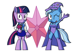 Size: 1024x763 | Tagged: safe, artist:sergeant16bit, imported from derpibooru, trixie, twilight sparkle, anthro, unguligrade anthro, unicorn, book, cape, clothes, duo, duo female, female, hand on hip, hat, leotard, looking at you, one eye closed, open mouth, open smile, raised arm, shirt, skirt, smiling, sweater vest, trixie's cape, trixie's hat, wink