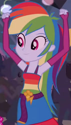 Size: 1920x3391 | Tagged: safe, imported from derpibooru, screencap, rainbow dash, equestria girls, equestria girls (movie), belt, clothes, cropped, cute, cutie mark, cutie mark on clothes, dancing, dashabetes, fall formal outfits, female, fingerless gloves, gloves, male, sleeveless, smiling, solo focus