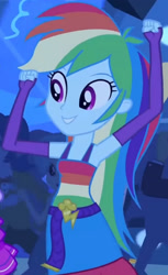 Size: 1920x3130 | Tagged: safe, imported from derpibooru, screencap, rainbow dash, equestria girls, equestria girls (movie), armpits, arms in the air, belt, clothes, cropped, cute, cutie mark, cutie mark on clothes, dancing, dashabetes, fall formal outfits, female, fingerless gloves, gloves, hands in the air, male, sleeveless, smiling, solo focus