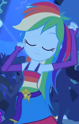 Size: 1920x3008 | Tagged: safe, imported from derpibooru, screencap, rainbow dash, equestria girls, equestria girls (movie), belt, clothes, cropped, cute, cutie mark, cutie mark on clothes, dancing, dashabetes, eyes closed, fall formal outfits, female, fingerless gloves, gloves, male, sleeveless, smiling, solo focus