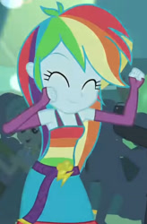 Size: 1920x2928 | Tagged: safe, imported from derpibooru, screencap, rainbow dash, equestria girls, equestria girls (movie), ^^, belt, clothes, cropped, cute, cutie mark, cutie mark on clothes, dancing, dashabetes, eyes closed, fall formal outfits, female, fingerless gloves, gloves, male, sleeveless, smiling, solo focus