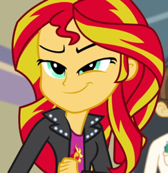 Size: 601x618 | Tagged: safe, imported from derpibooru, screencap, sunset shimmer, equestria girls, rainbow rocks, cropped, smiling, smirk